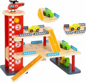 Tooky Toy TOOKY TOY Drewniany Garaż Parking Lądowisko Stacja Benzynowa + AUTKA i HELIKOPTER 1