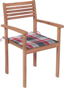 vidaXL Krzesła ogrodowe, 4 szt., z poduszkami w czerwoną kratę, tekowe 1