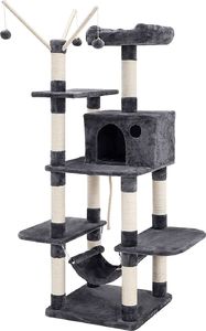 Songmics Drapak legowisko domek dla kotów z hamakiem wieża dla kota ciemno szary 50x50x154 cm 1