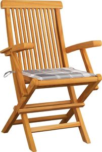 vidaXL Krzesła ogrodowe z poduszkami w szarą kratę, 4 szt., tekowe 2