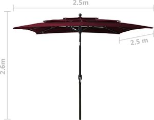 vidaXL 3-poziomowy parasol na aluminiowym słupku, bordowy, 2,5x2,5 m 8
