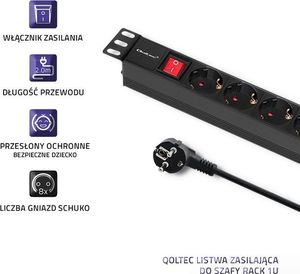 Qoltec Listwa zasilająca do szafy RACK 1U 16A PDU 8xSCHUKO 2m (54469) 3
