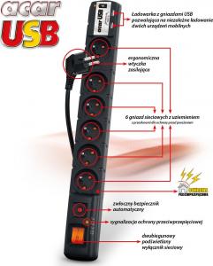 Listwa zasilająca Acar USB przeciwprzepięciowa 6 gniazd 3 m czarna (W0158) 2
