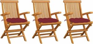 vidaXL Krzesła ogrodowe, czerwone poduszki, 3 szt., drewno tekowe 1
