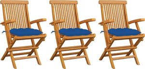 vidaXL Krzesła ogrodowe, niebieskie poduszki, 3 szt., drewno tekowe 1