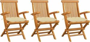 vidaXL Krzesła ogrodowe, kremowe poduszki, 3 szt., lite drewno tekowe 1