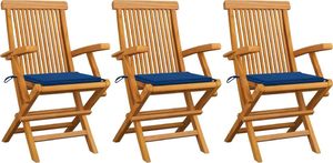 vidaXL Krzesła ogrodowe, kobaltowe poduszki, 3 szt., drewno tekowe 1