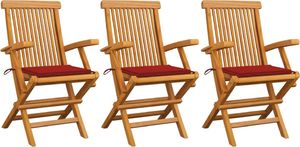 vidaXL Krzesła ogrodowe, czerwone poduszki, 3 szt., lite drewno tekowe 1