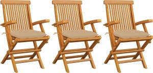 vidaXL Krzesła ogrodowe, beżowe poduszki, 3 szt., lite drewno tekowe 1