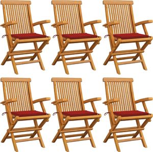 vidaXL Krzesła ogrodowe, czerwone poduszki, 6 szt., drewno tekowe 1