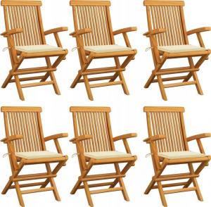 vidaXL Krzesła ogrodowe, kremowe poduszki, 6 szt., drewno tekowe 1