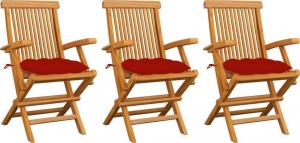 vidaXL Krzesła ogrodowe, czerwone poduszki, 3 szt., lite drewno tekowe 1