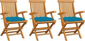 vidaXL Krzesła ogrodowe, jasnoniebieskie poduszki, 3 szt., tekowe 1