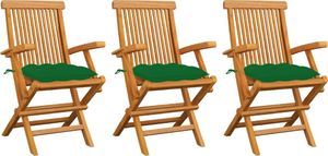 vidaXL Krzesła ogrodowe, zielone poduszki, 3 szt., lite drewno tekowe 1