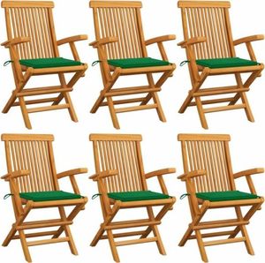 vidaXL Krzesła ogrodowe, zielone poduszki, 6 szt., drewno tekowe 1