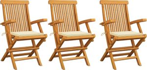 vidaXL Krzesła ogrodowe, kremowe poduszki, 3 szt., lite drewno tekowe 1