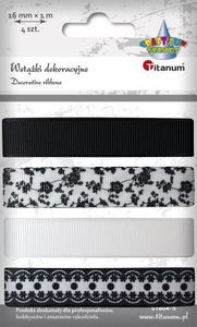 Titanum Wstążki materiałowe TITANUM 4 kolory z nadrukiem 16mm 4x1m biała, czarna, kwiaty, koronka Titatnum Kreatywne 1