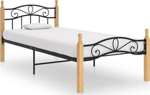 vidaXL Rama łóżka, czarny metal i lite drewno dębowe, 90x200 cm 1