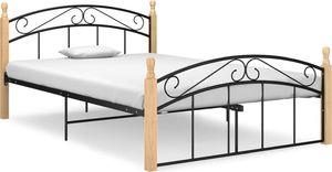 vidaXL Rama łóżka, czarny metal i lite drewno dębowe, 140x200 cm 1