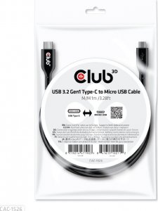 Kabel USB Club 3D USB-C - microUSB 1 m Czarny (CAC-1526) 3
