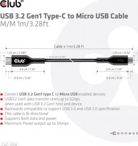 Kabel USB Club 3D USB-C - microUSB 1 m Czarny (CAC-1526) 5