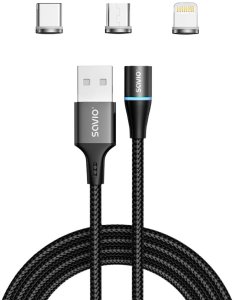 Kabel USB Savio USB-A - USB-C + microUSB + Lightning 1 m Czarny Magentyczny (CL-152) 2