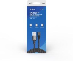 Kabel USB Savio USB-A - USB-C + microUSB + Lightning 1 m Czarny Magentyczny (CL-152) 3