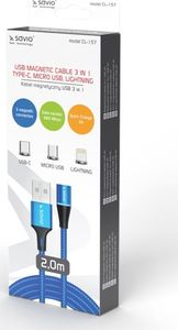 Kabel USB Savio USB-A - USB-C + microUSB + Lightning 2 m Niebieski (1_790990) 1