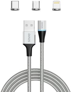 Kabel USB Savio USB-A - USB-C + microUSB + Lightning Srebrny Magnetyczny (CL-156) 2
