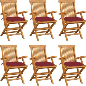 vidaXL Krzesła ogrodowe, czerwone poduszki, 6 szt., drewno tekowe 1