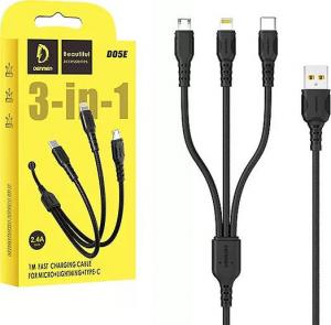 Kabel USB Denmen USB-A - USB-C + microUSB + Lightning 1 m Czarny (29360) 2