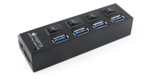 HUB USB Gembird 4-portowy HUB z włącznikami + zasilanie zewnętrzne, USB 3.0, Czarny (UHB-U3P4-02) 1