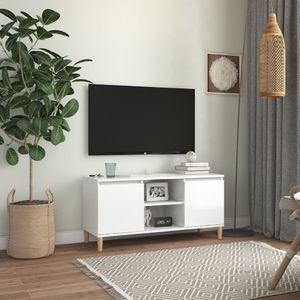vidaXL Szafka TV z drewnianymi nóżkami, biała, połysk, 103,5x35x50 cm 1