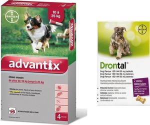 Bayer Advantix - dla psów 10-25kg (4 pipety x 2,5ml) + Drontal - Dog flavour 2tabl. (kostki) 1