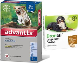 Bayer Advantix - dla psów 25-40kg (4 pipety x 4ml) + Drontal PLUS FLAVOUR dla psów pow.35kg 2tabl 1