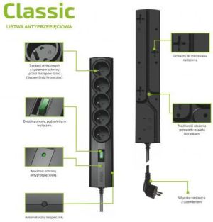 Listwa zasilająca Ever Classic przeciwprzepięciowa 5 gniazd 5 m czarna (T/LZ09-CLA050/0000) 2