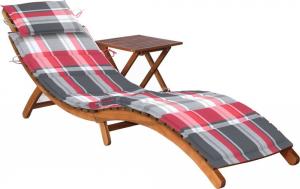 vidaXL Ogrodowy leżak ze stolikiem i poduszką, lite drewno akacjowe, czerwona krata 1