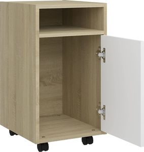 vidaXL Szafka boczna z kółkami, biel i dąb sonoma, 33x38x60 cm, płyta 6