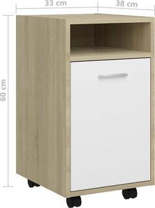 vidaXL Szafka boczna z kółkami, biel i dąb sonoma, 33x38x60 cm, płyta 8