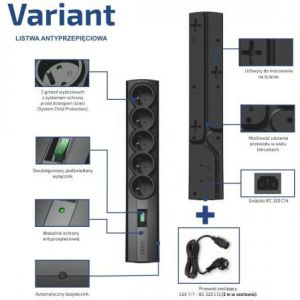 Listwa zasilająca Ever Variant przeciwprzepięciowa 5 gniazd 2 m czarna (T/LZ09-VAR020/0410) 2