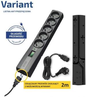 Listwa zasilająca Ever Variant przeciwprzepięciowa 5 gniazd 2 m czarna (T/LZ09-VAR020/0410) 3