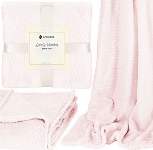 Springos Narzuta na łóżko, pled 200x220 cm tłoczony, dwustronny koc na kanapę pudrowy róż UNIWERSALNY 12