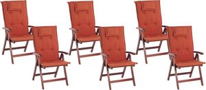 Shumee Zestaw 6 krzeseł ogrodowych drewnianych z poduszkami czerwonymi TOSCANA 1