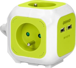 Orno Przedłużacz Kostka 4-krotny z ładowarką 2xUSB 1,4m limonkowy 2