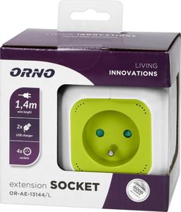 Orno Przedłużacz Kostka 4-krotny z ładowarką 2xUSB 1,4m limonkowy 3