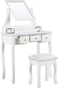 Shumee Toaletka 5 szuflad prostokątne lustro i stołek biała RAYON 2