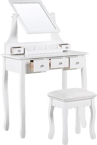 Shumee Toaletka 5 szuflad prostokątne lustro i stołek biała RAYON 3