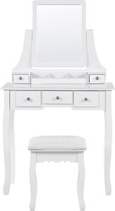 Shumee Toaletka 5 szuflad prostokątne lustro i stołek biała RAYON 5