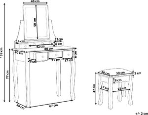 Shumee Toaletka 5 szuflad prostokątne lustro i stołek biała RAYON 9