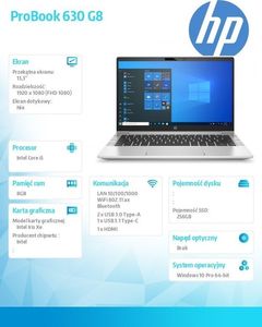 Laptop HP Laptop Notebook ProBook 630 G8 i5-1135G7 256/8G/W10P/13,3 3S8N4EA / 16 GB RAM / 256 GB SSD PCIe / Windows 10 Pro 5